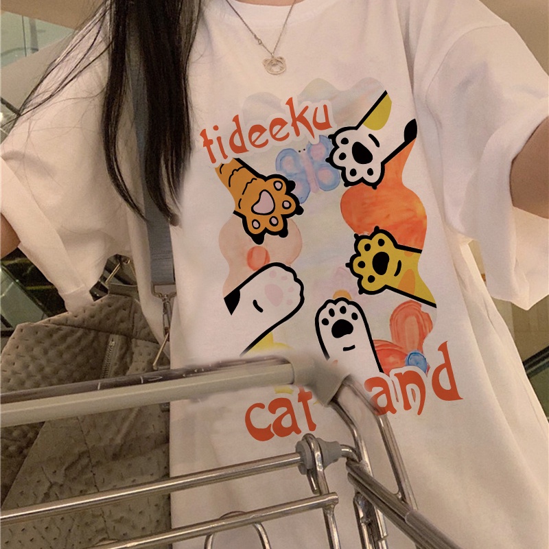 Print T-shirt Kaos Lengan Pendek Cartoon Cute Cat Paw Atasan Wanita Korean Style