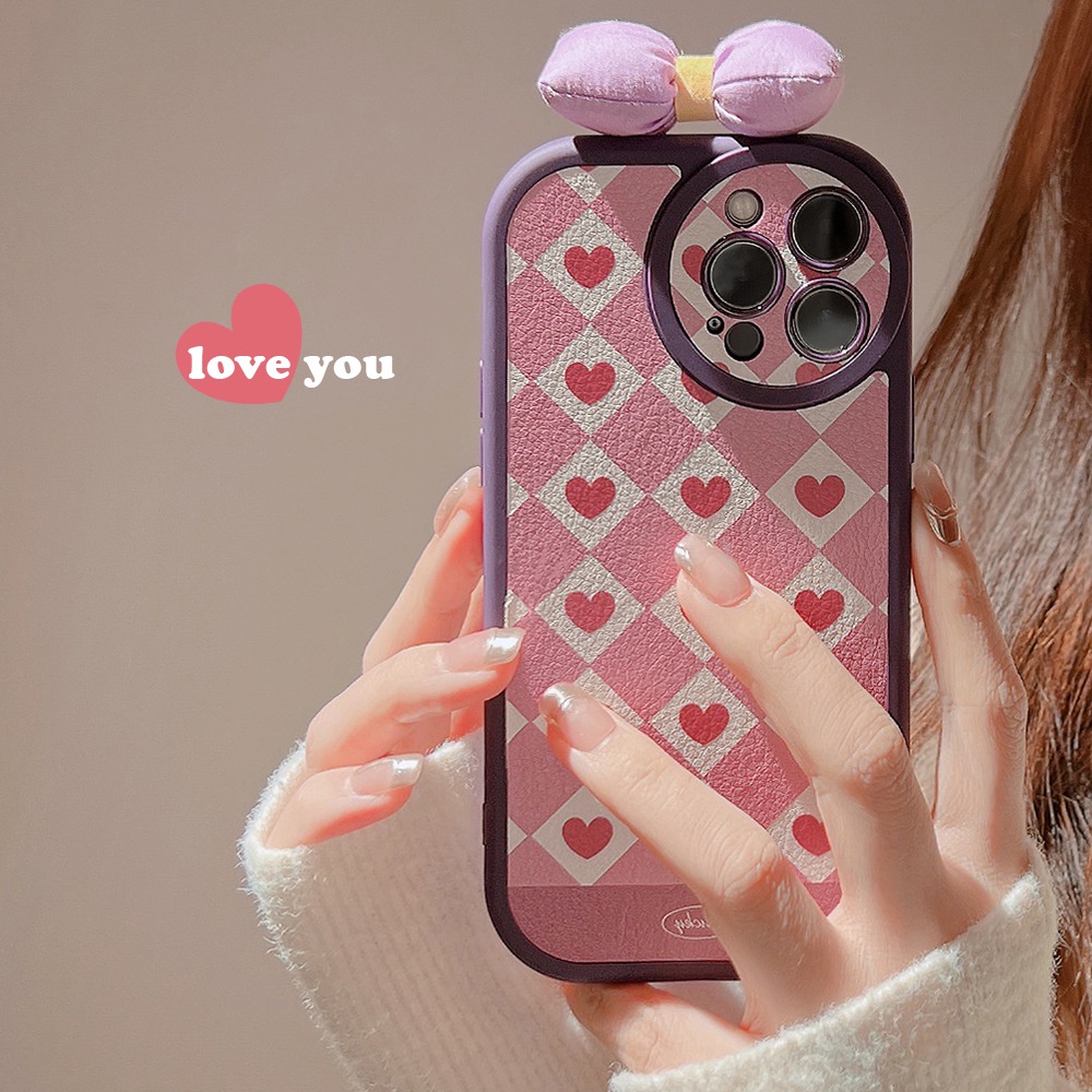 Ins Love Checked Bow Cocok Untuk Iphone14 14pro 14Plus 14prm iPhone 13 13pro 13prm iPhone 11 7Plus 8Plus Xr XS 12 Pro Max Empat Sudut Casing Ponsel Tahan Guncangan