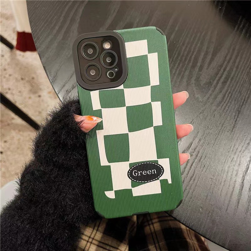 Ins Fresh Green Grid Cocok Untuk Iphone14 14pro 14Plus 14prm Iphone13 13prm iPhone 11 7Plus 8Plus Xr XS 12 Pro Max Empat Sudut Casing Ponsel Tahan Guncangan