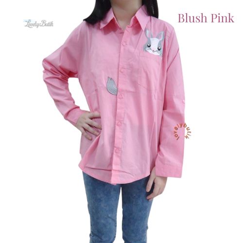 Baju Kemeja wanita lengan tangan Lengan Panjang Polos Bordir Kelinci Multi Warna kemeja Wanita Korea Fashion import - Lovelybutik