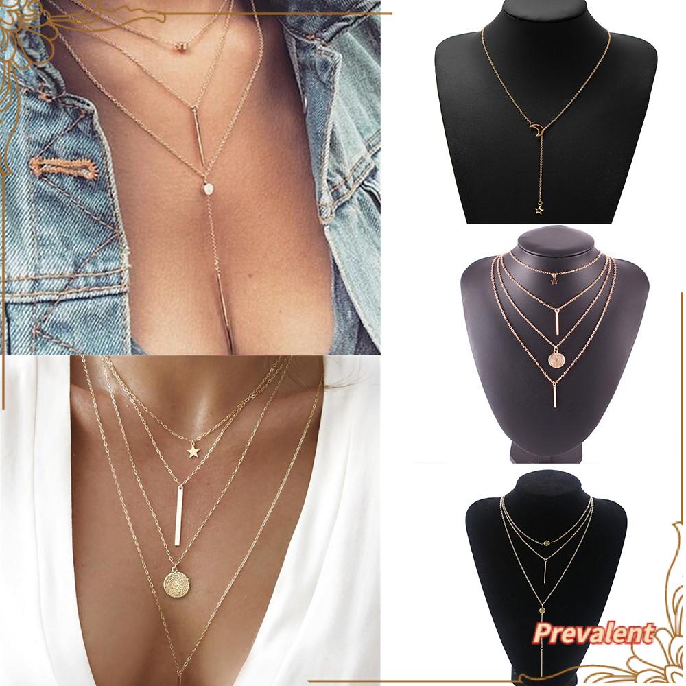 Preva Kalung Fashion Cewek Warna Emas Manik-Manik Bulat Multilayer