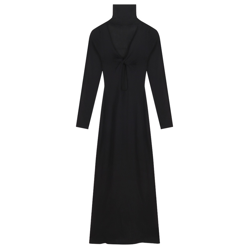 ♨Suhao Babes Lengan Panjang Berongga Rajutan Gaun Wanita Musim Gugur Hitam Berleher Tinggi Unik Seksi Pertengahan Panjang Paket Rok Pinggul