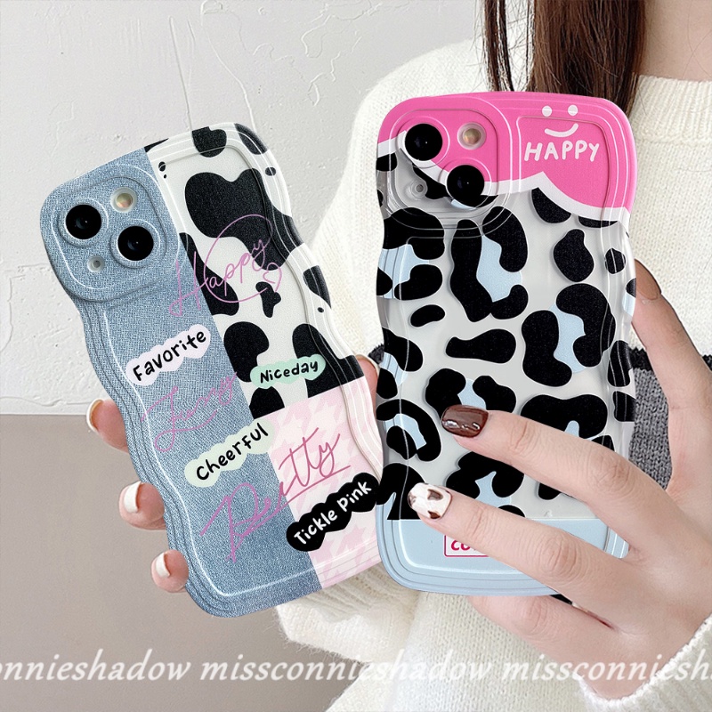 Redmi A1 9 10 9A 9T 10A 10C 9C A1+Note 10Pro 11Pro+9 8 10 11 9Pro Note 9s 10s 11s POCO M3 X3 NFC Pro Mi 11T Pro Kartun Couple Denim Patch Happy Leopard Print Lembut Bergelombang Casing Edge