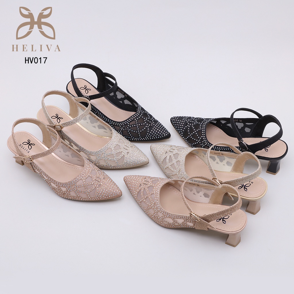 HELIVA EMMA Sling Back Heels 5,5cm Sedang Bahan Kulit Glitter Manik Semi Transparan Ujung Lancip Wedding Shoes Pesta Kondangan HV017 Original Brand