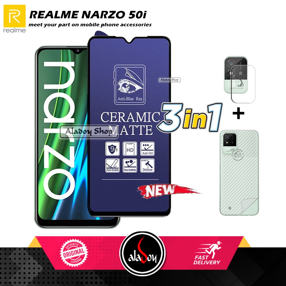 PAKET 3IN1 Anti Gores Blue Matte Anti Glare Realme Narzo 50i + Tempered Glass Camera dan Skin Carbon