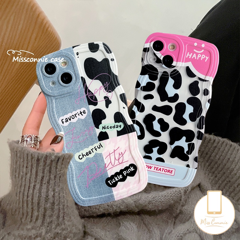 IPHONE Case Kompatibel Untuk Iphone6 6s 87 Plus XR 11 Pro Max14 13 12 Pro Max 14Plus X XS Max SE 2020 Wavy Edge Cute Denim Patch Happy Leopard Print Bening Lembut TPU Pasangan Ponsel Case