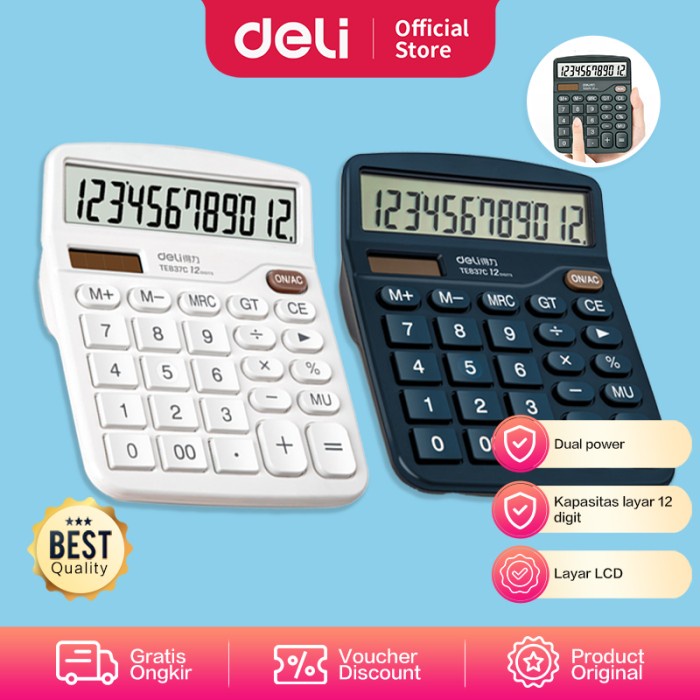 

PROMO SPECIAL Deli Desktop Calculator / Kalkulator Meja 12 Digit Dual Power TE837C