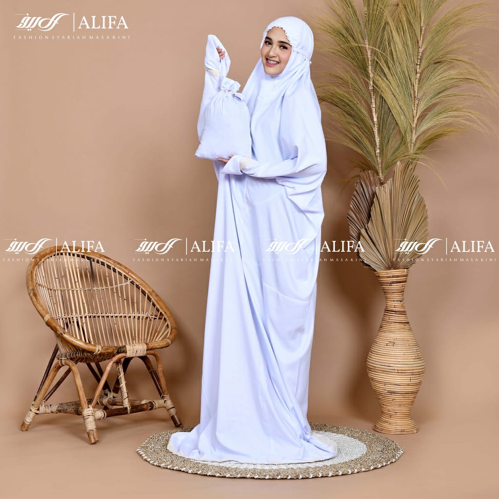 Mukena travel dewasa polos setelan terusan halus adem katun tali kepala renda rajut kekinian by Alif