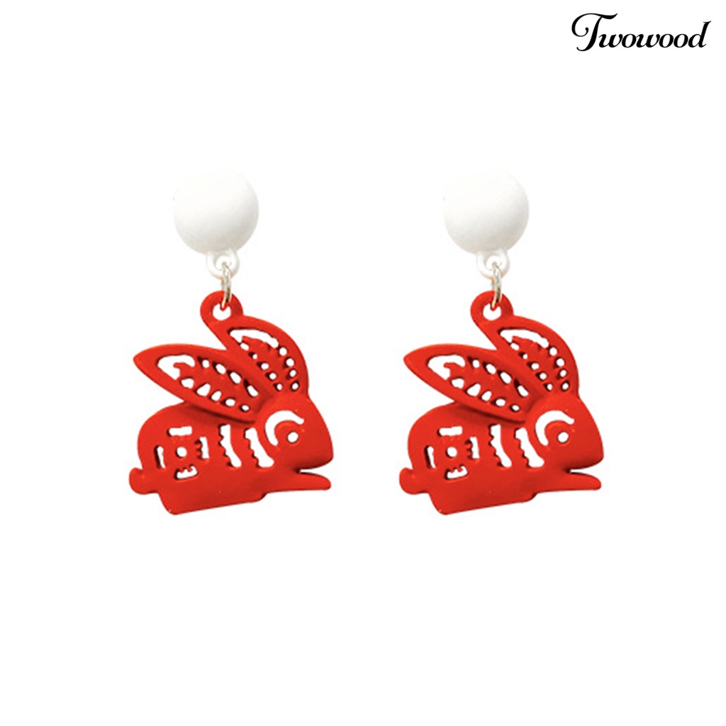 Twowood 1pasang Anting Menjuntai Kelinci Dekorasi Karakter Cina Romantis Menguntungkan Mutiara Imitasi Hiasan Telinga Vintage Cina Merah Cutting Paper Rabbit Earrings Aksesoris Pakaian