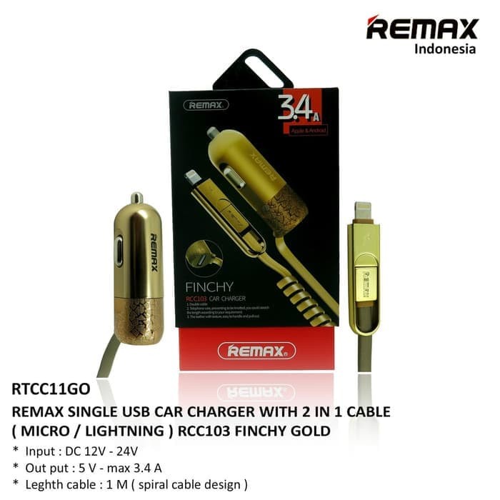 Car Charger REMAX Single USB With 2 in 1 Cable 3.4A Finchy series -