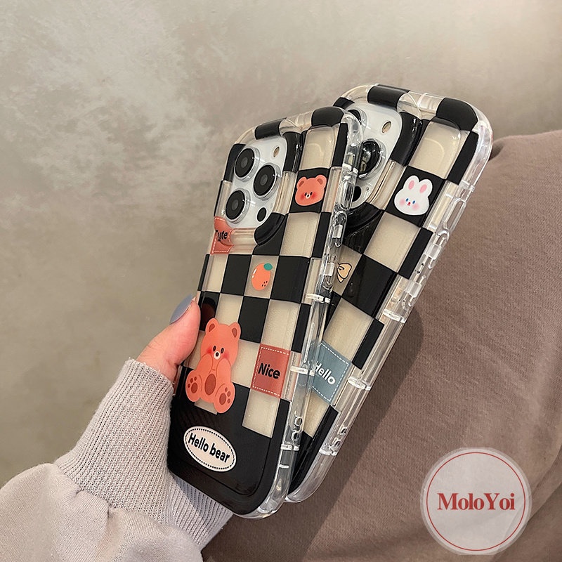 IPHONE Casing Pasangan Kotak-Kotak Case Kompatibel Untuk Iphone11 14 13 12 Pro MAX 7Plus 8Plus XR 78 6 6S Plus X XS MAX Beruang Lucu Kelinci Shockproof Airbag Lembut TPU Lovers Phone Case