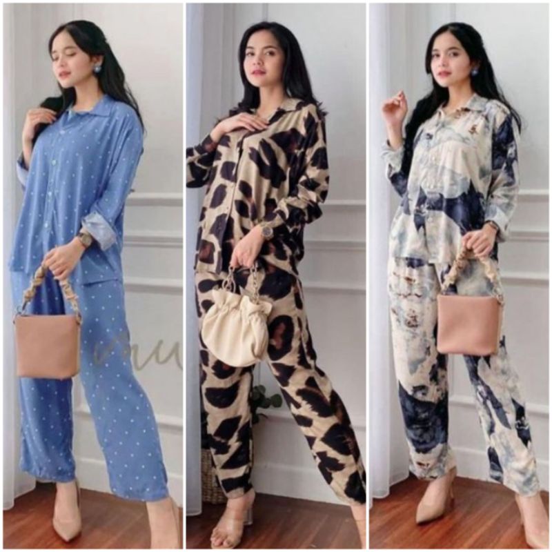 BISA COD ONESET KEMEJA/ SETELAN RAYON WANITA/ SETCEL KULOT/ PAJAMAS RAYON KEMEJA PANJANG/ DAILY SET 