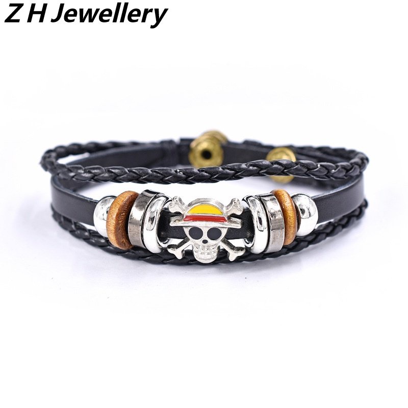 [Z H Perhiasan] Hip Hop Rock Retro Pria Fashion Stainless Steel Raja Bajak Laut Gelang Kulit Pesta Perhiasan Aksesoris