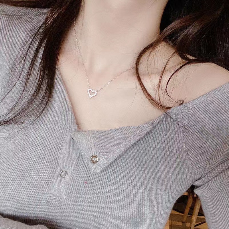 Papaozhu Elegan Perak Glittery Zirkon Berongga Jantung Liontin Kalung Untuk Wanita Gadis Indah Peach Pesona Tulang Selangka Rantai Kalung Perhiasan Hadiah