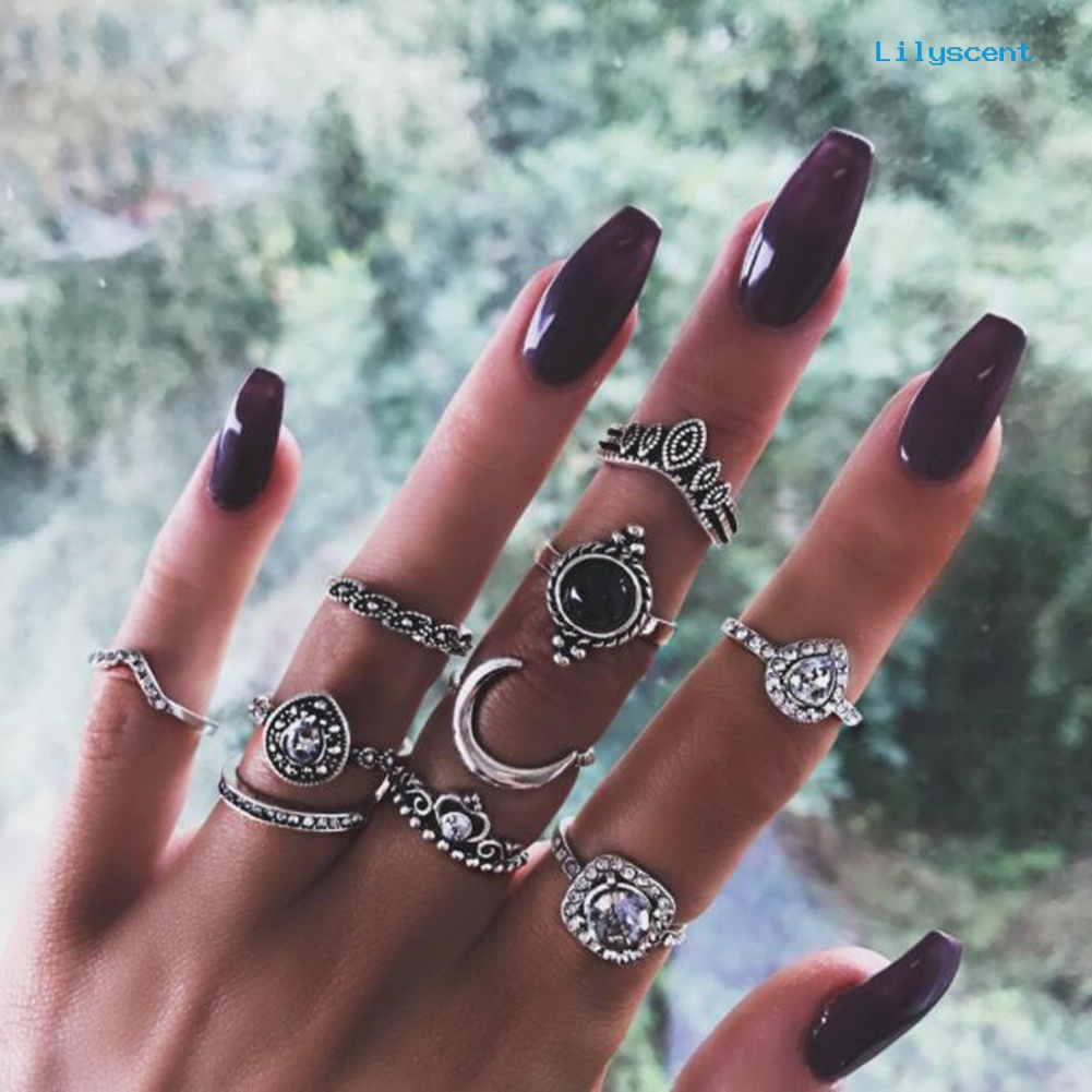 [LS]10Pcs Vintage Mahkota Pir Berlian Imitasi Wanita Knuckle Midi Jari Susun Rings