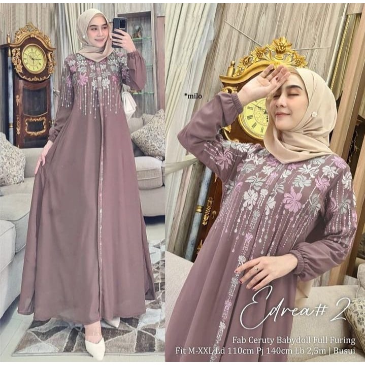 COD - Edrea Dress Maxy Gamis Muslim Matt Ceruty Mix Bordir l Dress Maxi OOTD Kondangan Wanita Premium