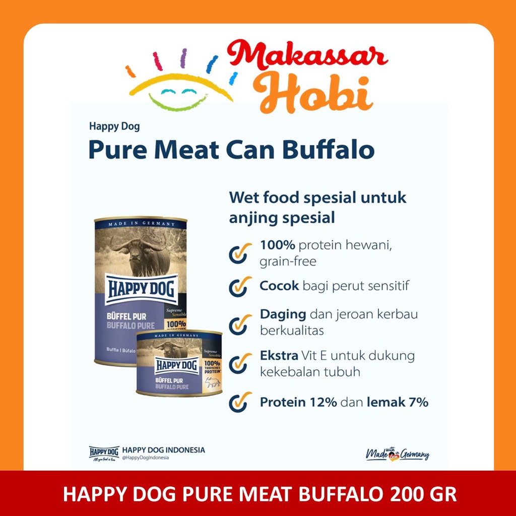 Happy Dog Makanan Anjing Basah Pure Meat Buffalo Wet Food Kaleng 200gr