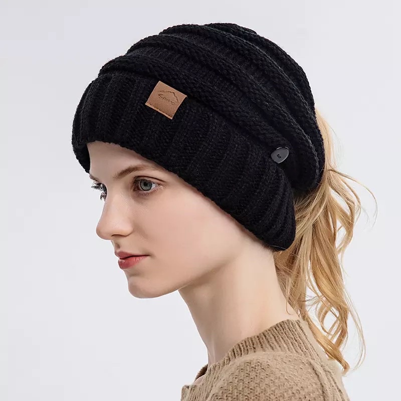 Topi kupluk rajut hangat Knit Winter Beanie Hat Ponytail