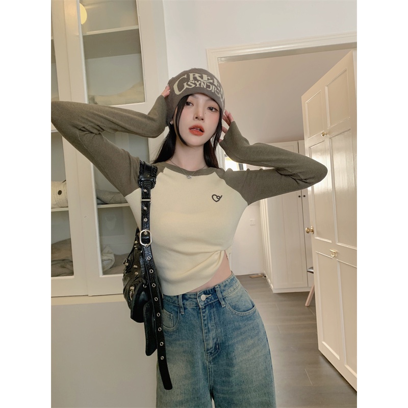 ✉Suhao versi Korea dari rajutan bottoming kemeja wanita musim gugur pendek hot gadis lengan raglan sweater warna kontras slim slim lengan panjang top