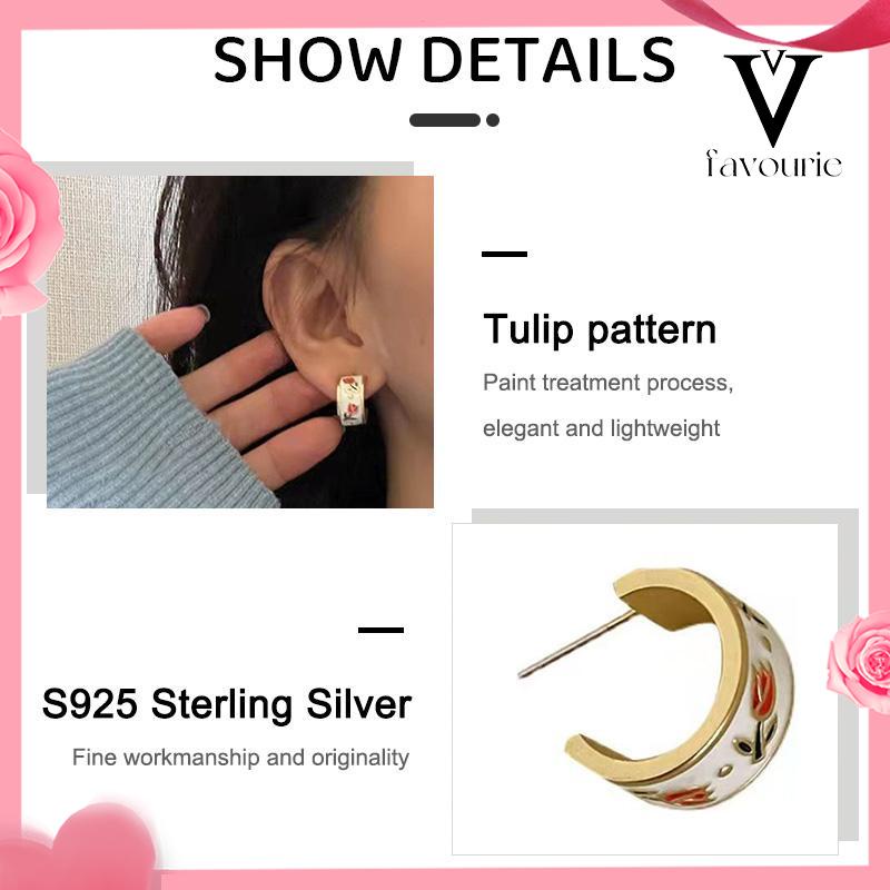 CODCODRetro Musim Semi Tulip Lingkaran C Cincin Gaya Hong Kong s925 Sterling Silver Stud Earrings-FA-FA