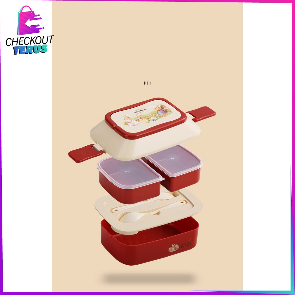 CT C758 Tempat Makan 2 Susun Lunch Box Anti Tumpah Kotak Bekal Makan Siang Set Sendok Garpu Portable