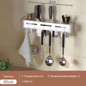 Rak Dinding Dapur Stainless Steel Tempat Taruh Sendok Garpu Pisau 40cm Silver