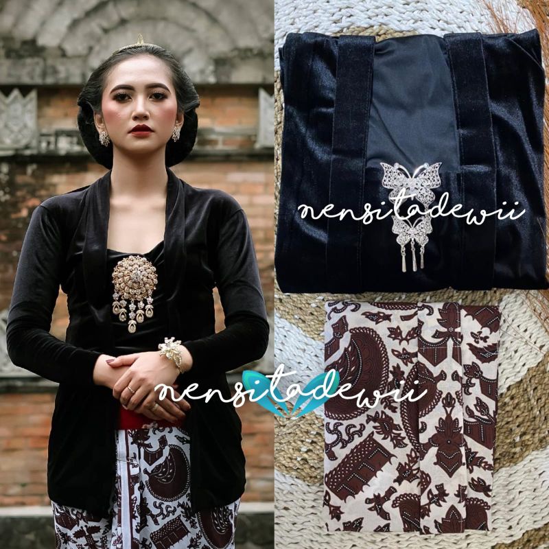 kebaya wanita Set Kebaya Bludru + Jarik Wiru Instan / Nuansa Hitam, Motif Semen Putih