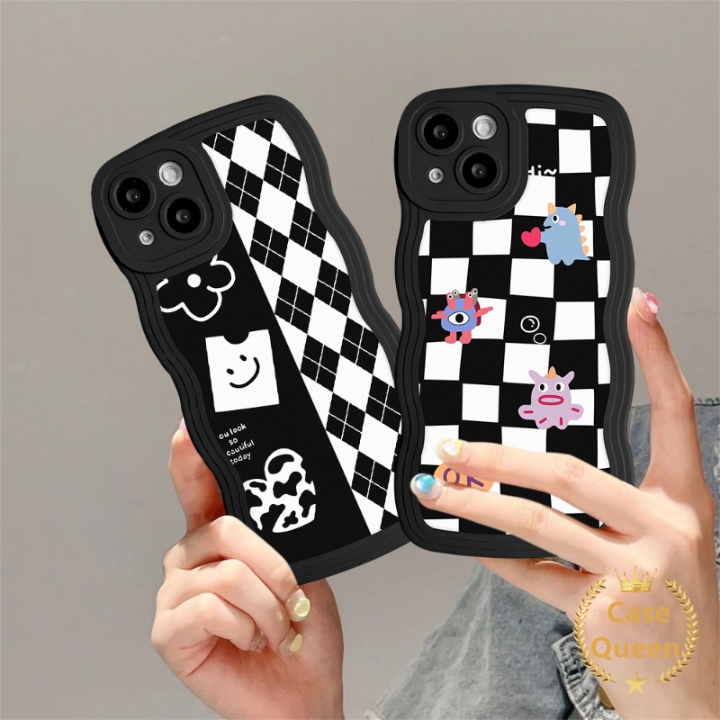 Diamond Grid Chessboard Untuk OPPO A17K A96 A54 A95 A55 A5s A77 A12 A17 A57 A16s A3s A5 A9 A74 A76 A15 A16 A7 A16K A1k A77s A53 A52 Reno 8 7Z 8Z 6 Wavy Edge Little Monsters Cover