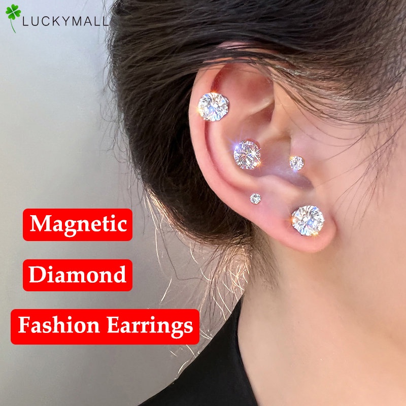 Anting Klip Magnetik Kristal Elegan Untuk Wanita Zirkon Earring Aksesoris Perhiasan