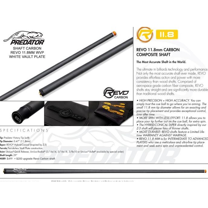 Predator Revo 11.8Mm Carbon Shaft | Uniloc Wvp Billiard Stick Cue Shaf