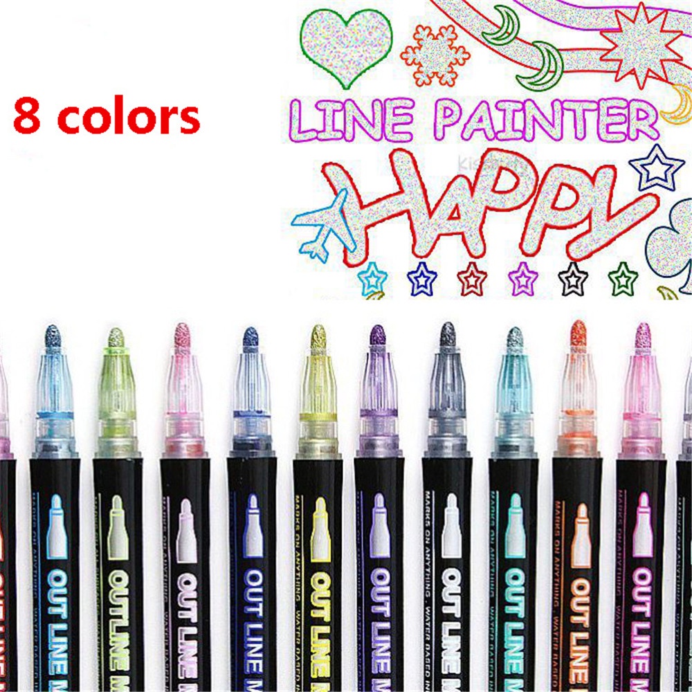 8pcs Ins Outline Shine Fluorescent Markers Pen Untuk Siswa Stationary DIY Painting Stabilo