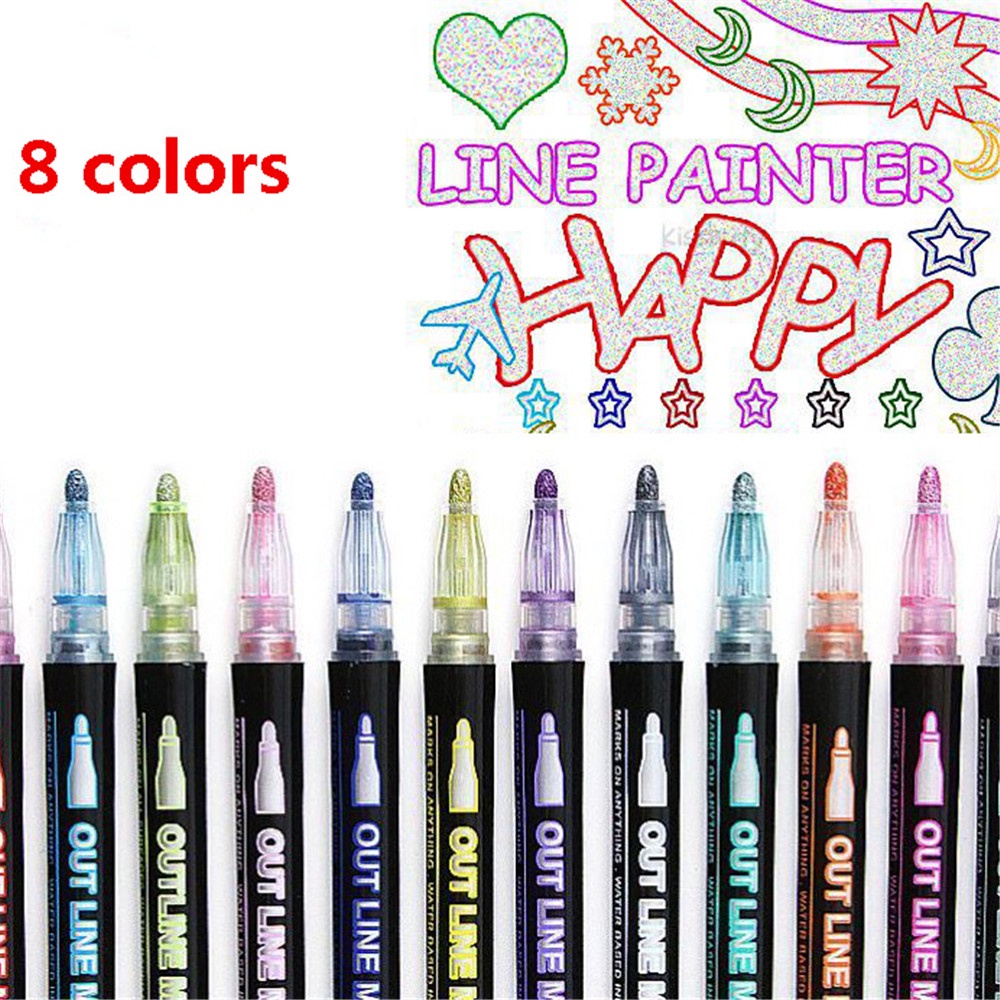 8pcs Ins Outline Shine Fluorescent Markers Pen Untuk Siswa Stationary DIY Painting Stabilo