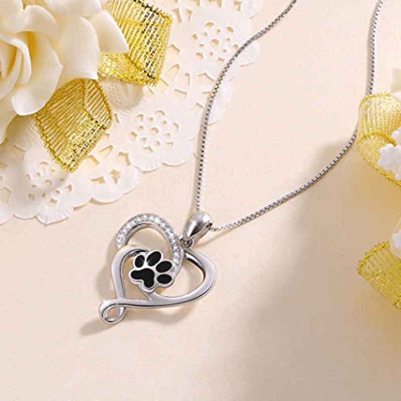 Kalung Hati Jejak Kaki Anjing Hitam Untuk Wanita Rantai Kotak Lucu Liontin Kalung Pesta Ulang Tahun Hadiah Pernyataan Perhiasan