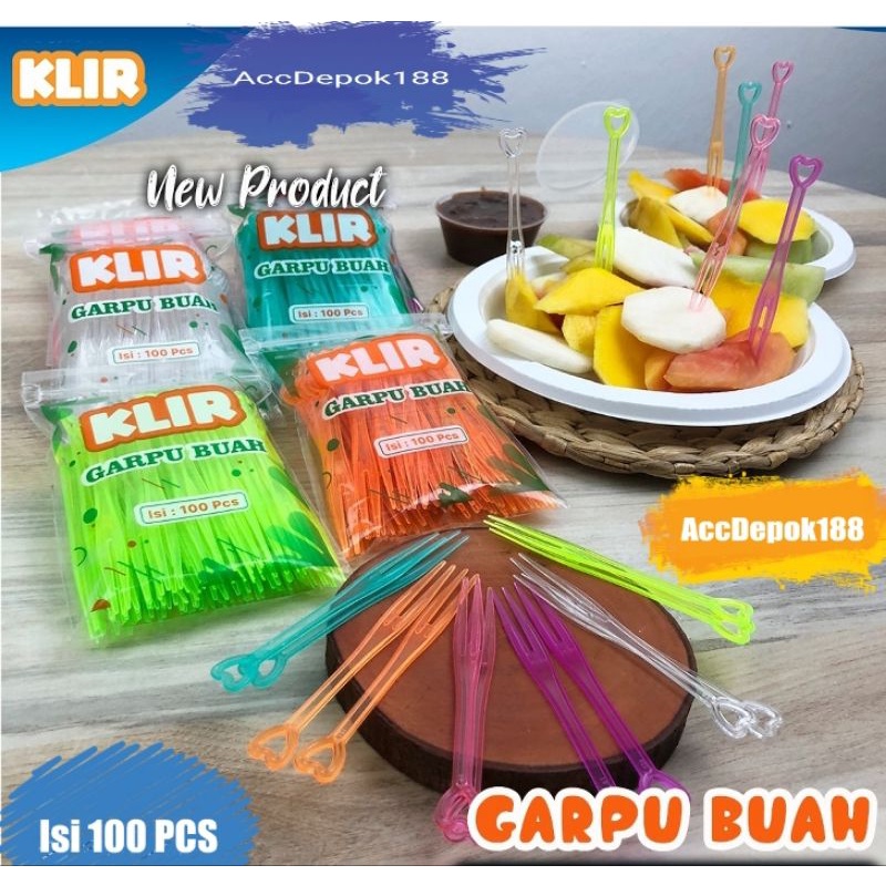 Garpu Buah / Cake / Kue / Puding MEREK KLIR - Garpu Plastik Tebal - Warna Warni PEGANGANGAN LOVE ISI 100 PCS