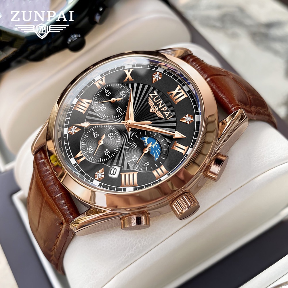 WISHDOIT×ZUNPAI Jam Tangan Pria Original Anti Air Kulit Tahan Keren Hitam Coklat Luxury Chronograph 