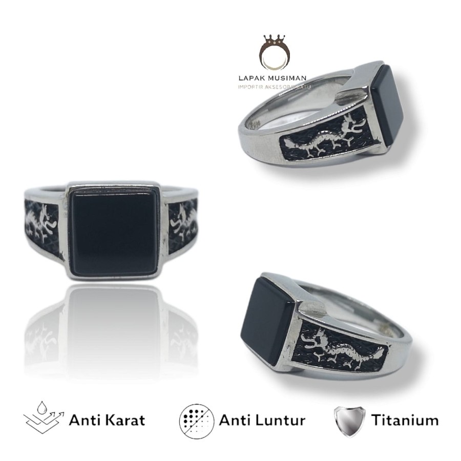 [Bayar Di Tempat] Cincin Pria Cowok Titanium Batu Onyx Anti Karat Model Naga