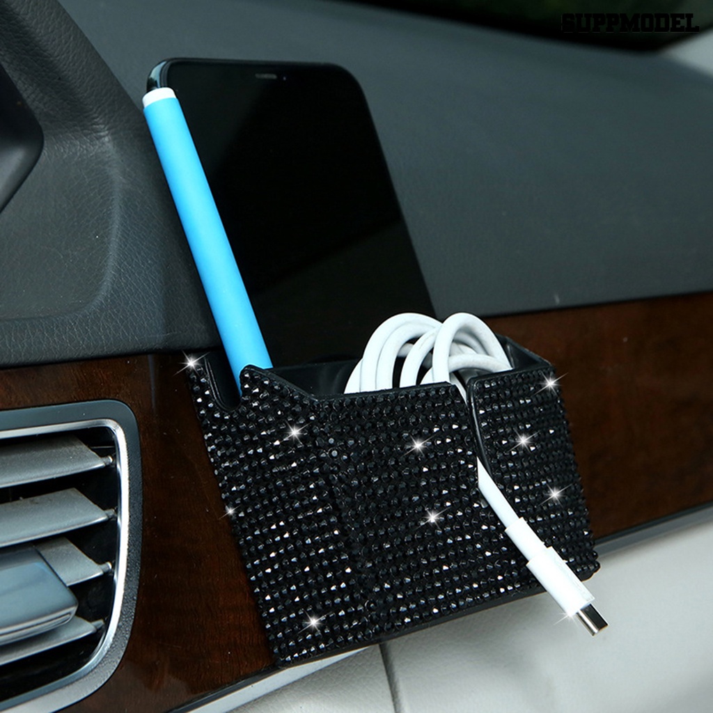 [Dekorasi] Kotak Penyimpanan Mobil 2-kompartemen Tahan Air Anti Jatuh Anti Gores Tempel Jenis Berlian Imitasi Bertatahkan Casing Ponsel Mobil Untuk Kendaraan