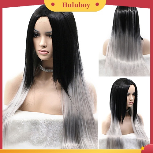 Wig Rambut Wanita Model Panjang Lurus Warna Ombre Hitam Abu-Abu Tahan Panas Untuk Pesta