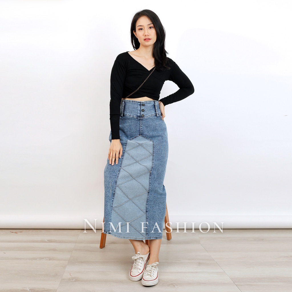 NIMI - Cerys Rok Jeans Stretch Panjang Wanita Rok Jeans Highwaist