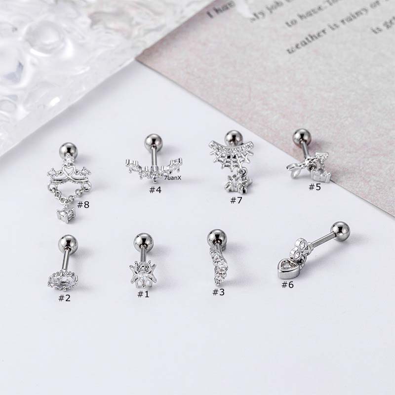 1biji Jaring Laba Laba-Laba Jantung Menjuntai Panah Gagak Bentuk Tulang Rawan Tragus Helix Pinna 16Gauge Piercing Barbel Stud Earrings