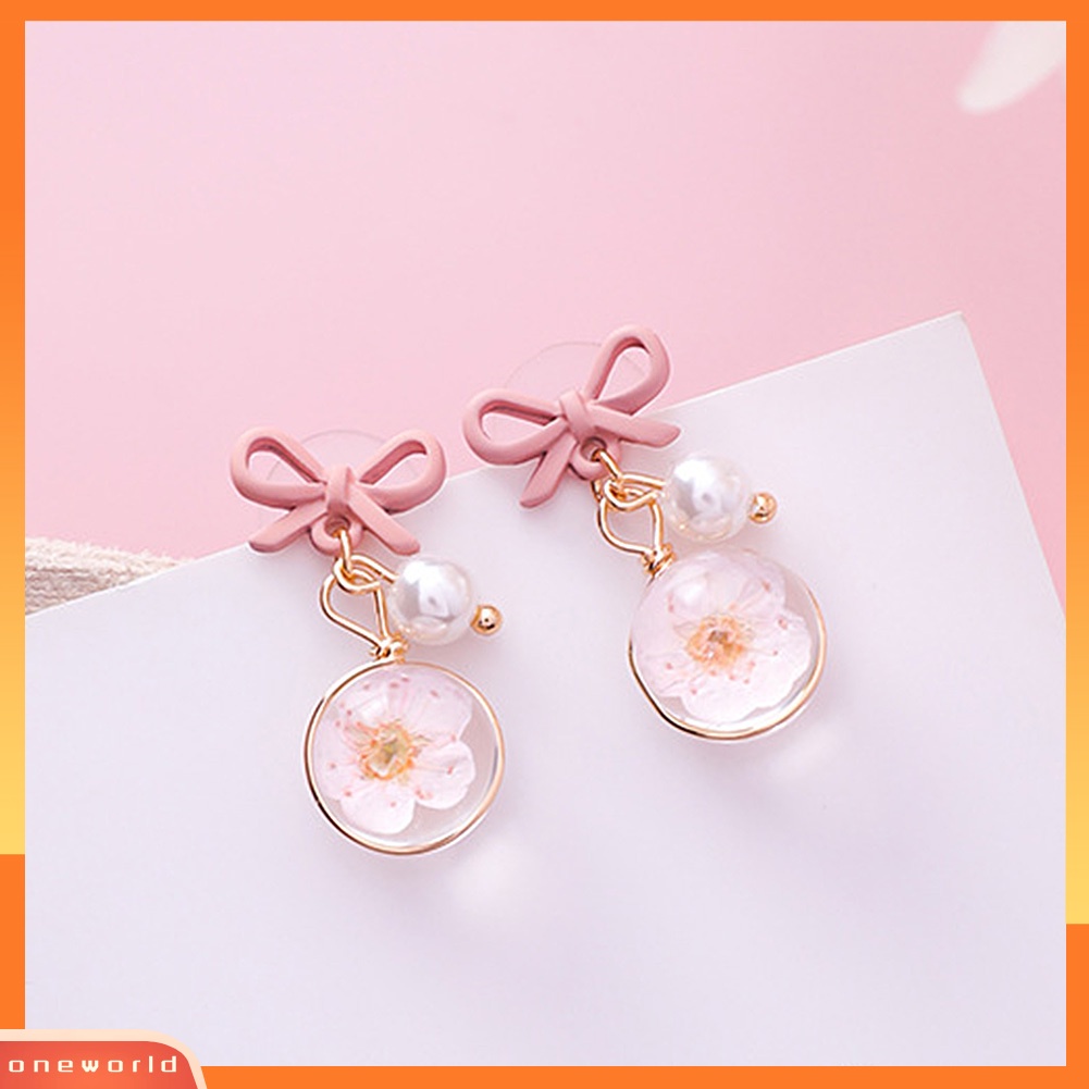 [WONE] Women Bow Cherry Blossom Flower Bola Kaca Menjuntai Ear Drop Earrings Perhiasan Hadiah