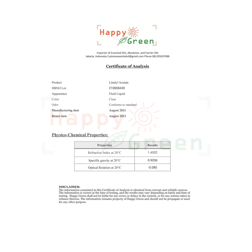 Happy Green Linalyl Acetate - Linalyl Acetate Bergamol Cosmetic Grade