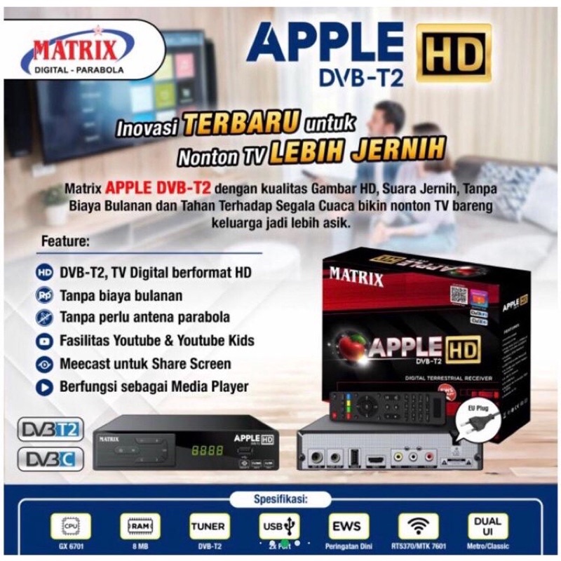 STB Set Top Box Dcolor Matrix Apple Merah DVB T2 HDTV VDR TV MediaDigital Video Broadcasting Terrestrial Receiver