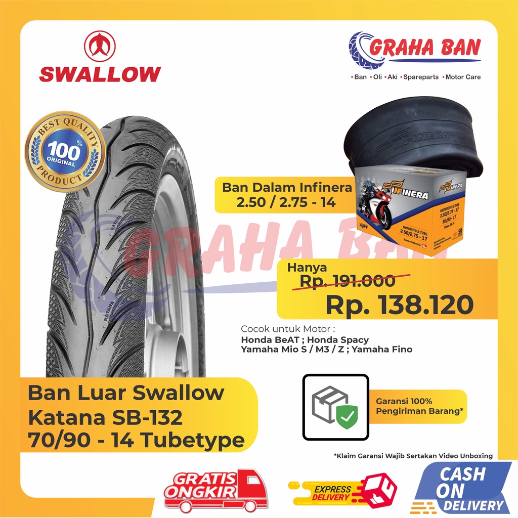 BUNDLING BAN MOTOR TUBETYPE (NON TUBELESS) SWALLOW KATANA SB-132 RING 14 + BAN DALAM INFINERA / BAN 
