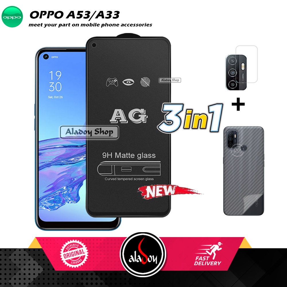 Paket 3IN1 Tempered Glass Layar Matte Anti Glare Oppo A53/A33 Free Tempered Glass Camera dan Skin Carbon