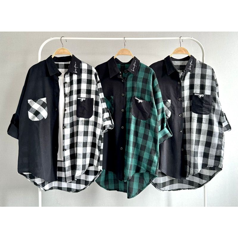 Atasan Kemeja Katun Flanel Kotak Import Mix Linen Polos LuBaNa#6672