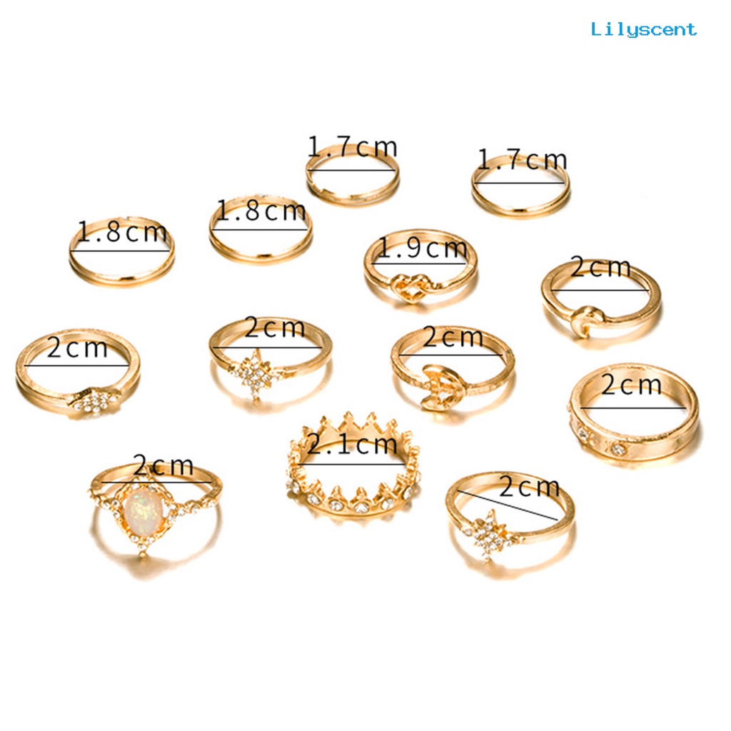 [LS]13Pcs /Set Cincin Fashion Bersinar Berlian Imitasi Mahkota Bulan Bintang Knuckle Ring Untuk Pesta