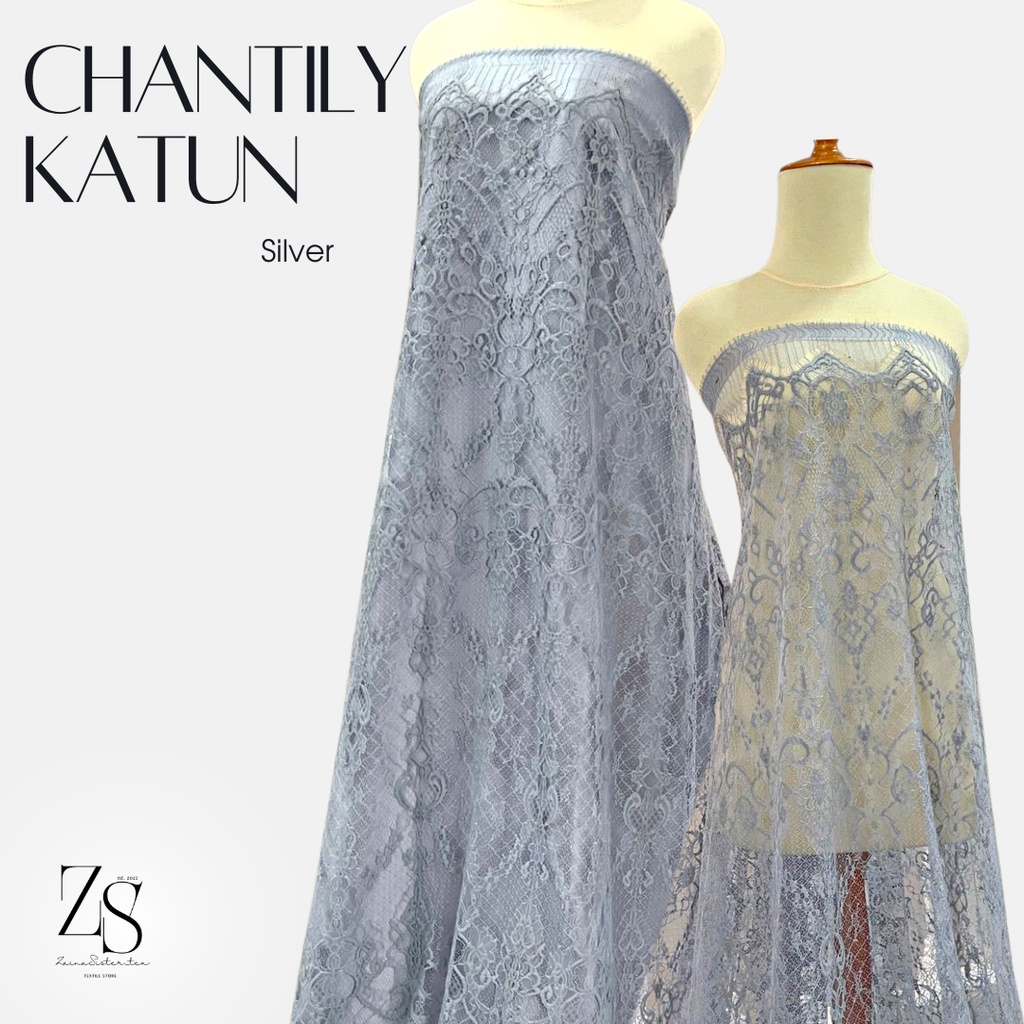 Kain Kebaya Brokat Brukat Panel Chantily Katun Semi France Prancis Warna Abu Abu Silver Grey