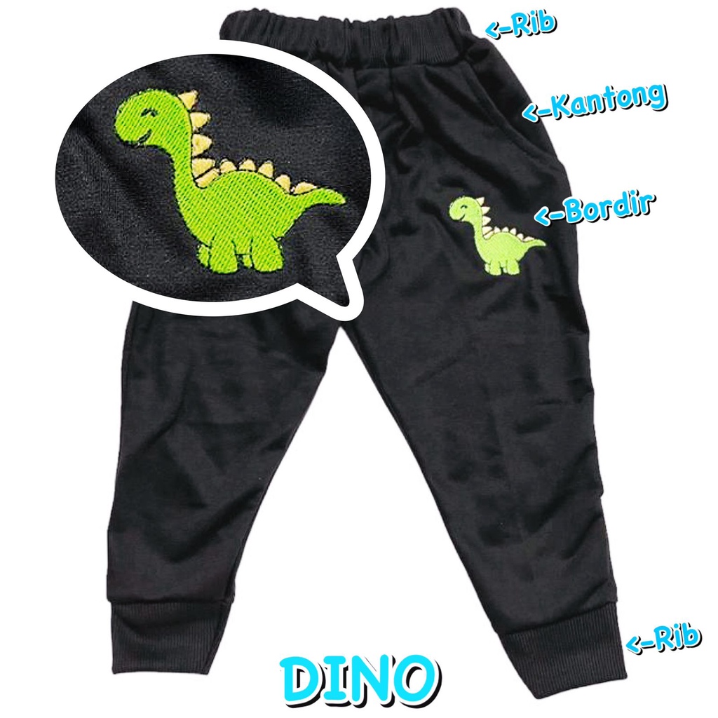 (1 KG BISA MUAT 11 PCS) CELANA PANJANG JOGER RIB SANTAI FASHION ANAK HITAM DINO/DINOSAURUS