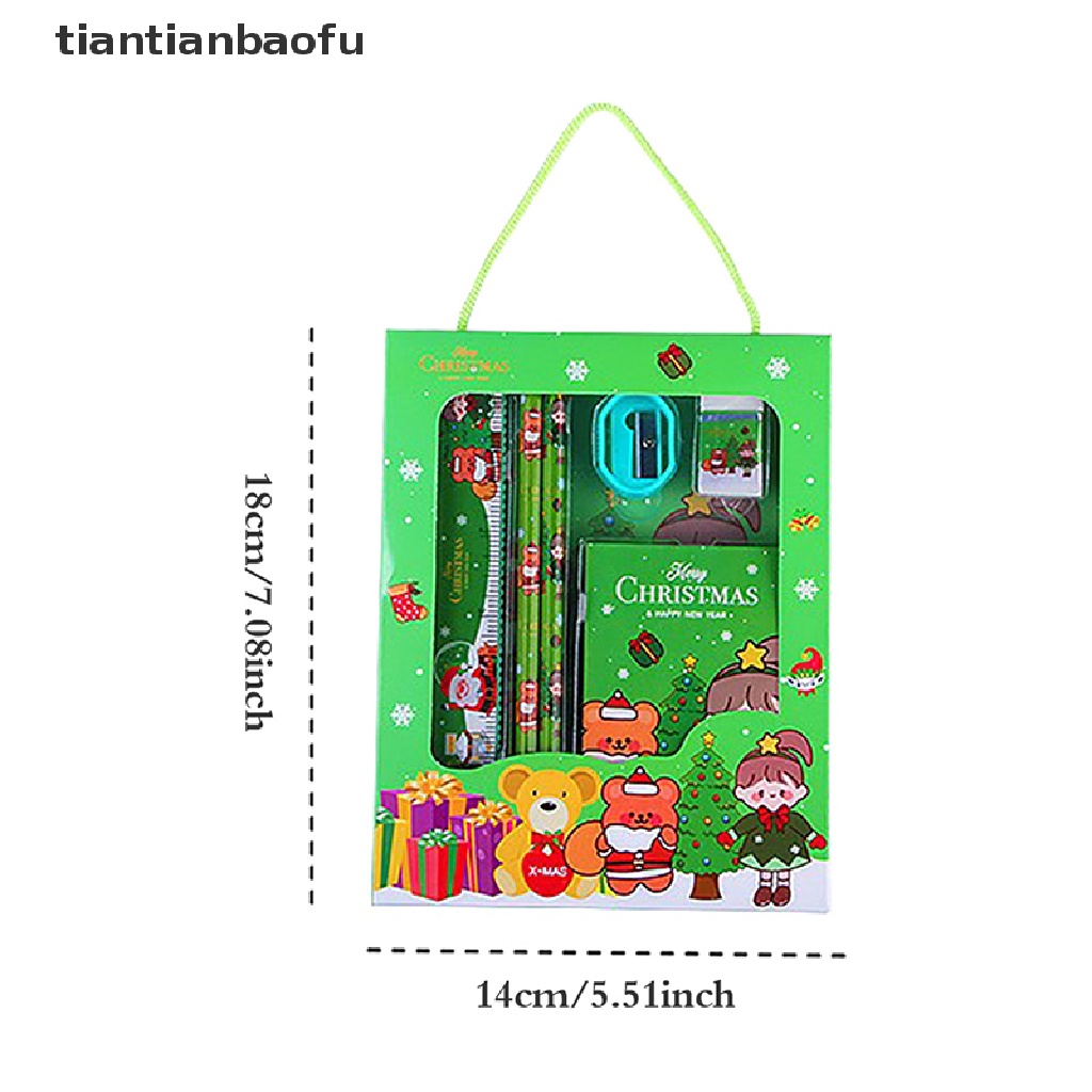 6pcs / Set Pensil + Penghapus + Penggaris + Serutan + Rautan + Rautan Motif Natal Untuk Stationery Anak / Sekolah / Kantor